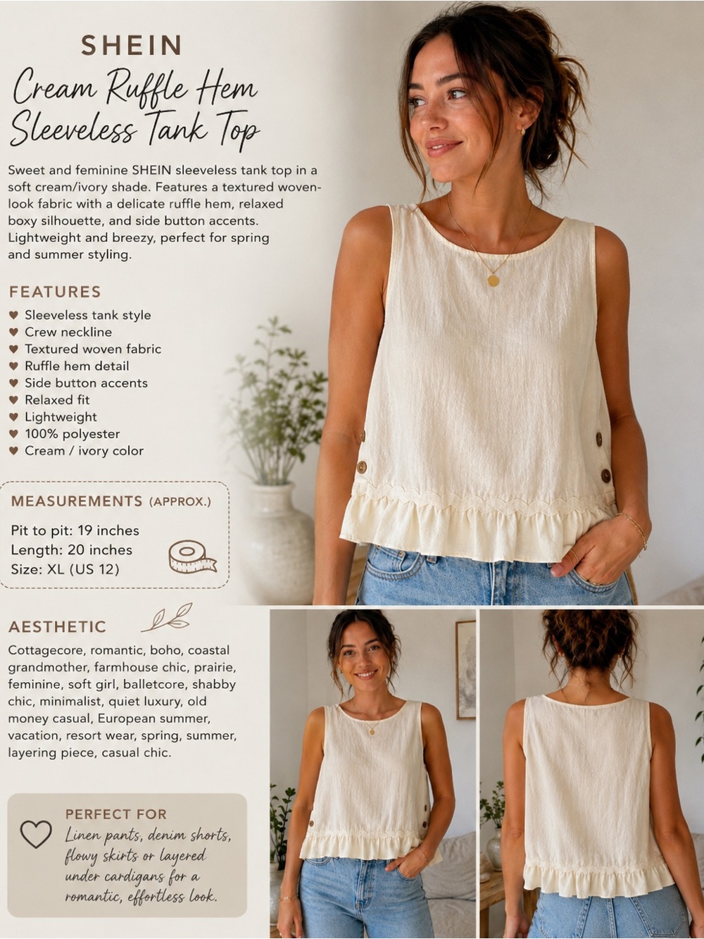 SHEIN Cream Sleeveless Top with Ruffled Hem